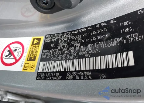 2018 Toyota Highlander Xle из США, поврежденный, VIN 5TDJZRFH6JS550104